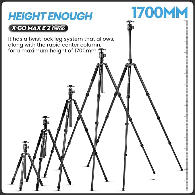 Fotopro 68" Carbon Fiber Tripod for Camera Compact Travel Tripod with Ball Head, Detachable Monopod with Quick Release Plate and Carry Bag Load up to 26lbs/12KG X-go Max E2 Black