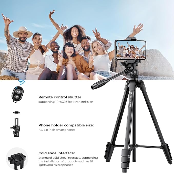 K&F CONCEPT 60'' Portable Travel Tripod, 1.34 lbs Ultra Lightweight with Remote and Cellphone Holder, 360° Panorama, Cold Shoe Interface, Portable for Travel - B174A1