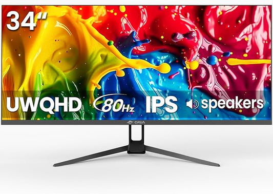 CRUA 34'' Ultrawide Gaming Monitor, 21:9 UWQHD 3440x1440 80Hz IPS Panel Computer Monitors with Built-in Speakers, Supports FreeSync, 120% sRGB, Blue Light Filter, HDMI 2.0 & DP 1.4, Wall-Mountable