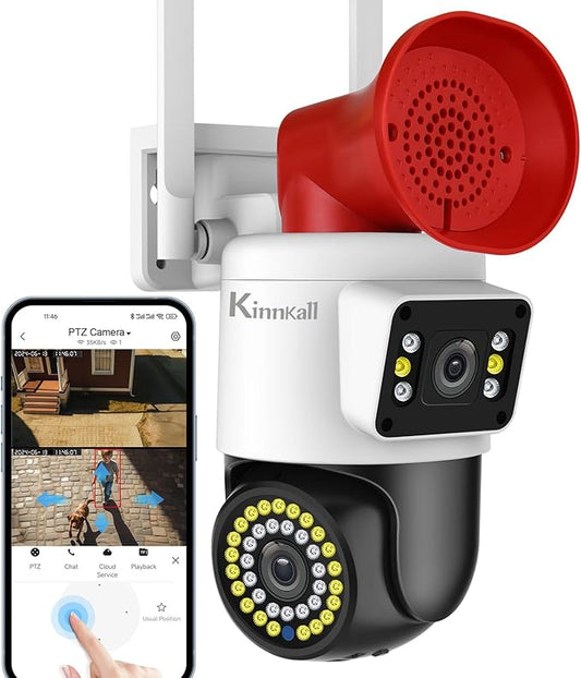 4MP Dual Lens Outdoor Security Camera with Night Vision & Floodlight, 355° Pan/Tilt Motion Tracking, 2.4GHz WiFi, SD/Cloud Storage, IP66 Waterproof, 2-Way Audio, Works with Mobile Apps & PC