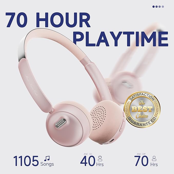 Sirius Wireless Retro Headphones, Bluetooth 5.4, 70H Playtime, ANC/ENC Active Noise Cancelling Reduction On-Ear with Microphone, Throwback 80's/ 90's Design-Pink