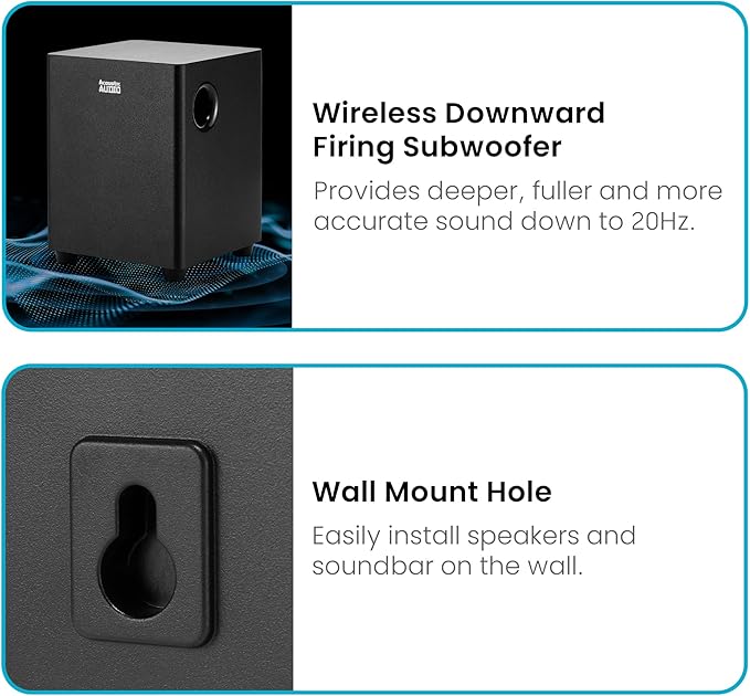 Acoustic Audio 5.1 Surround Sound Home Theater Sound Bar with Bluetooth, RCA, Optical, ARC, AUX, Wireless Subwoofer and Remote Control - AA5190 (Black)