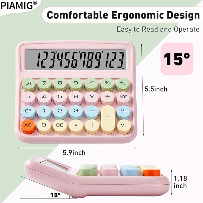 Mechanical Calculator with Large LCD Display, 12 Digits Big Button Easy to Use Auto Power Off Desktop Calculator for Home, Office & School (Pink)