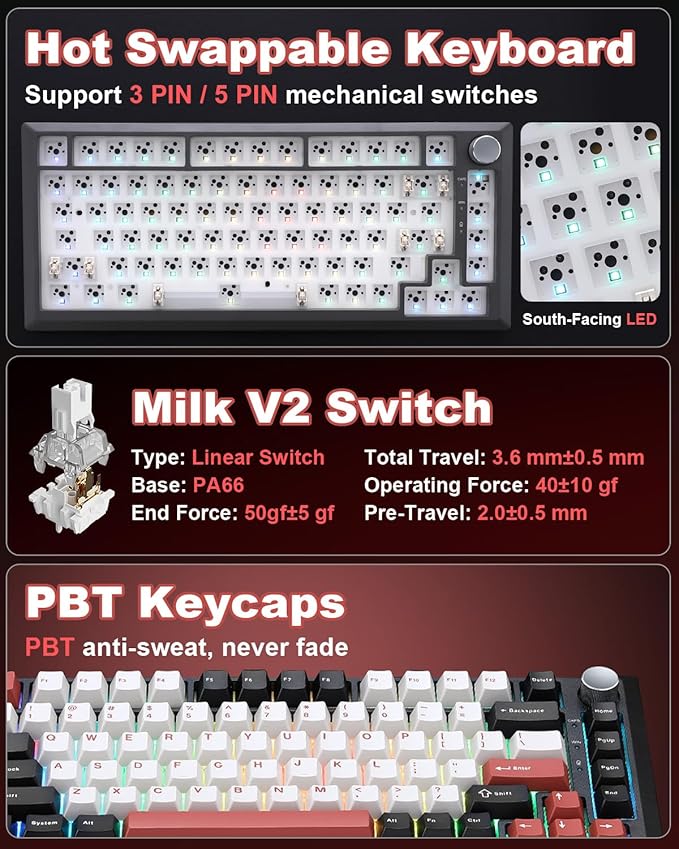 Y75 Wireless Mechanical Keyboard,75% Hot Swappable Custom Keyboard with Knob,RGB Backlit, PBT Keycaps,2.4GHz/USB-C/BT5.0 Mechanical Gaming Keyboards(Black&Red,Milk Switch)
