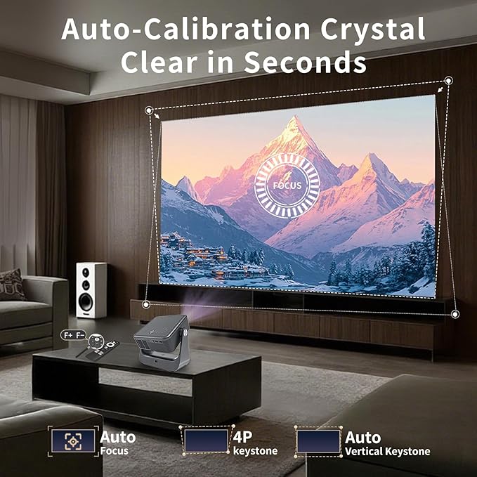 【Official Licensed GTV】Smart TV Projector with WiFi and Bluetooth, Outdoor Portable Projector Native 1080P, 800 ANSI, Voice Input, Auto Focus, 4K Supported, Mini FHD Home Movie Proyector iOS/Android