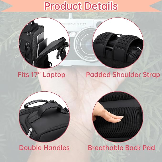 Camera Backpack Large, Waterproof Camera Bag for Mirrorless and DSLR with TSA Lock,Quick Access,17-Inch Laptop Compartment, Adjustable Straps - Fits Camera Stabilizer,Drone, Black