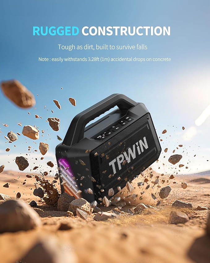 Bluetooth Speaker - 80W Loud Rugged Outdoor Speakers, IPX6 Waterproof, 20H Playtime, Deep Bass, Lightshow, TWS, BT 5.3 Wireless, Portable for Travel Hiking Camping Beach Pool - Black