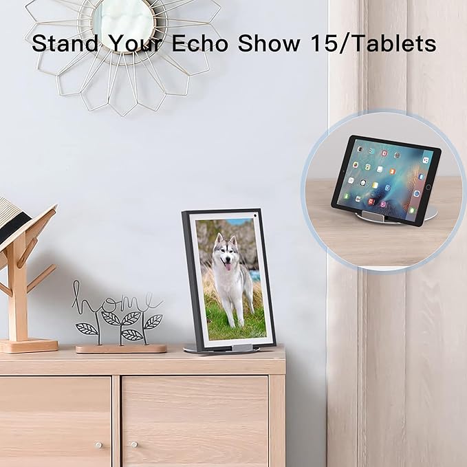 Almoz Swivel and Tilt Stand for Echo Show 15, Aluminum Stand for Show 15.6" Smart Display and Up to 18" iPad/Tablets, with 360 Degree Rotating Base, Viewing Angle Adjustable, No Need Mounting