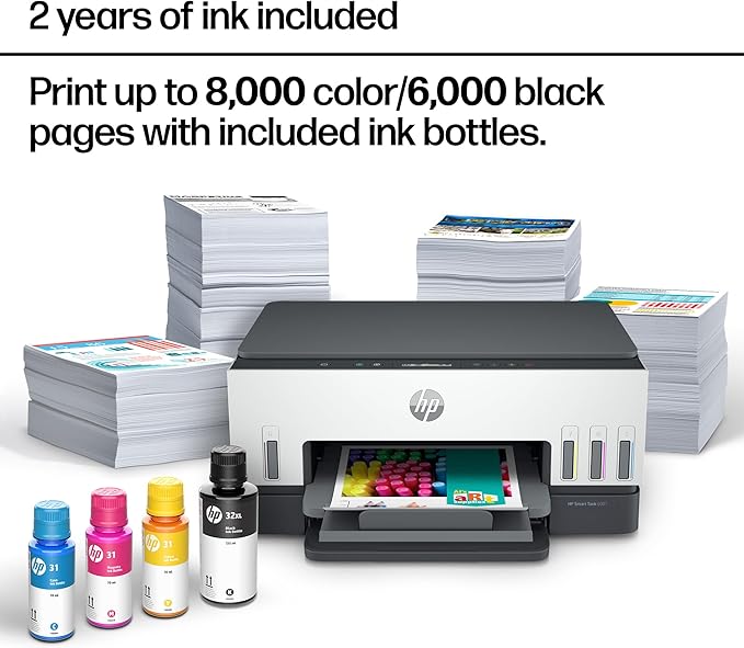HP Smart Tank 6001 Wireless All-in-One Ink Tank Printer, Scanner, Copier with 2 years of ink included, Best-for-home, Refillable, AI-enabled (2H0B9A)