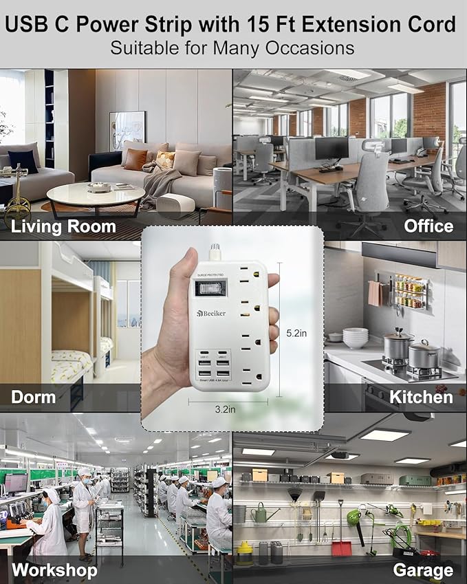 6 USB(2 USB C) Surge Protector Power Strip- 15 Ft Extension Cord with 6 USB Charging Station and 4 Outlets, Flat Plug Long Braided Extension Cord with Multiple Outlets Wall Mount for Home Office Dorm