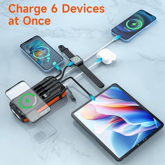 Power Bank 49800mAh Solar Charger 15W Wireless Charging USB-C 22.5W Fast Charging with 4 Built-in Cables LED Flashlight Battery Pack Compatible with iPhone, iPad, Galaxy, Perfect for Camping, Hiking