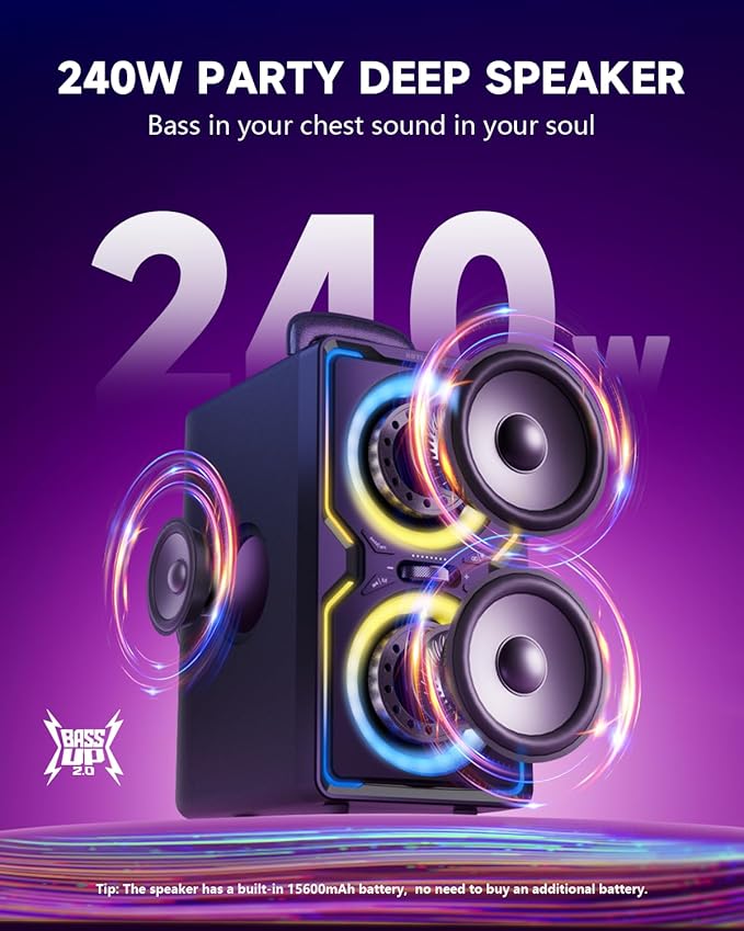 Hotlemon Large Bluetooth Speaker: 240W Peak Powerful Loud Sound with Deep Bass, 15H Playtime, Fast Charge, TWS, Portable Wireless Speakers for Outdoor, Party, Beach, Backyard, Home, Outside (Black)