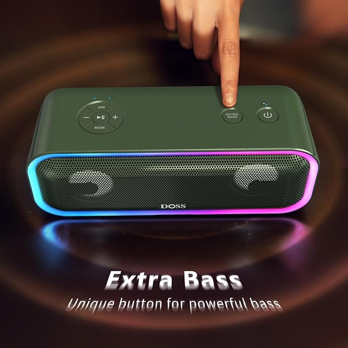 DOSS SoundBox Pro+ Bluetooth Speaker with 24W Impressive Sound, Booming Bass, IPX6 Waterproof, 15Hrs Playtime, Wireless Stereo Pairing, Mixed Colors Lights, 66 FT- Green