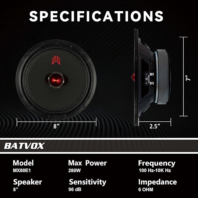 MX80E1 Midrange Loudspeaker 8" Red Bullet, 560W Max, 6 Ohms, Premium Quality Audio Door Speakers for Car or Truck Stereo Sound System, Black (2 Speaker)