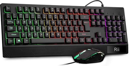 Rii Gaming Keyboard and Mouse Combo,USB Wired,104 Keys RGB LED Backlit Keyboard with Wrist Rest for PC/Laptop (Black)