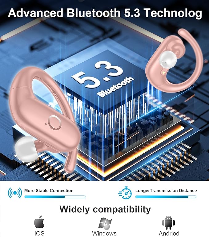 MOZOTER Wireless Earbuds Bluetooth Headphones Sport,Over Ear Buds with Deep Bass Sound,60Hrs Playtime Earphones Redesigned Comfort Fit with Earhooks for Running,Meeting,Workout- Pure Pink