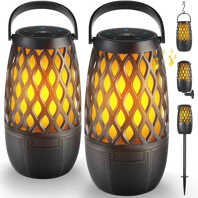 Outdoor Bluetooth Speakers Waterproof Wireless Outdoor Speakers with Flame Lights, Tech Gadgets Gift for Men Dad Her, Multi-Sync up to 100 Speakers, HD Stereo Sound, IPX5 for Patio Porch Party