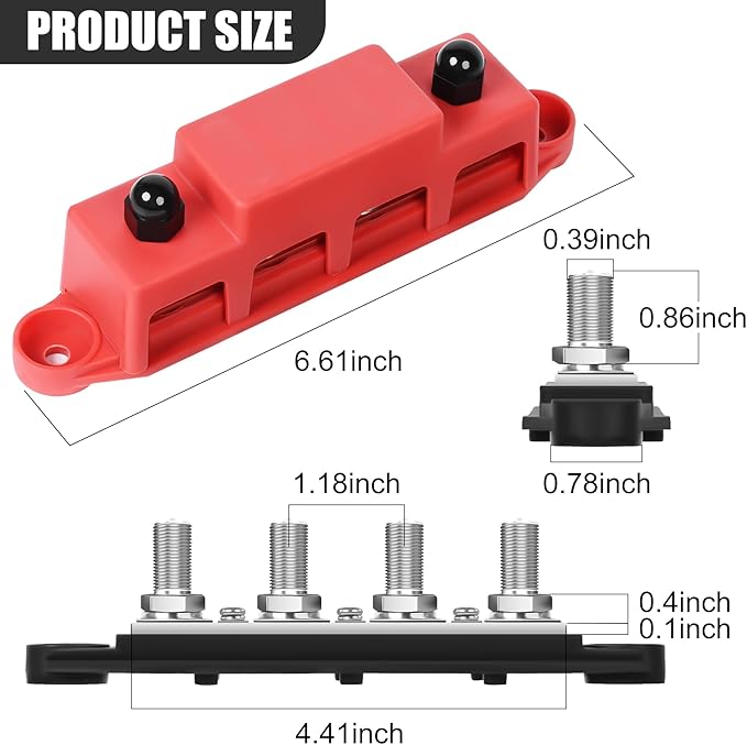 Bus Bar 12v Power Distribution Block 250A Bus Bar with 4 x 3/8" Studs Marine Battery Busbars Terminal Ground Distribution Block with Cover for Automotive, Boat, Car, Solar Wiring (Pair, Red & Black)
