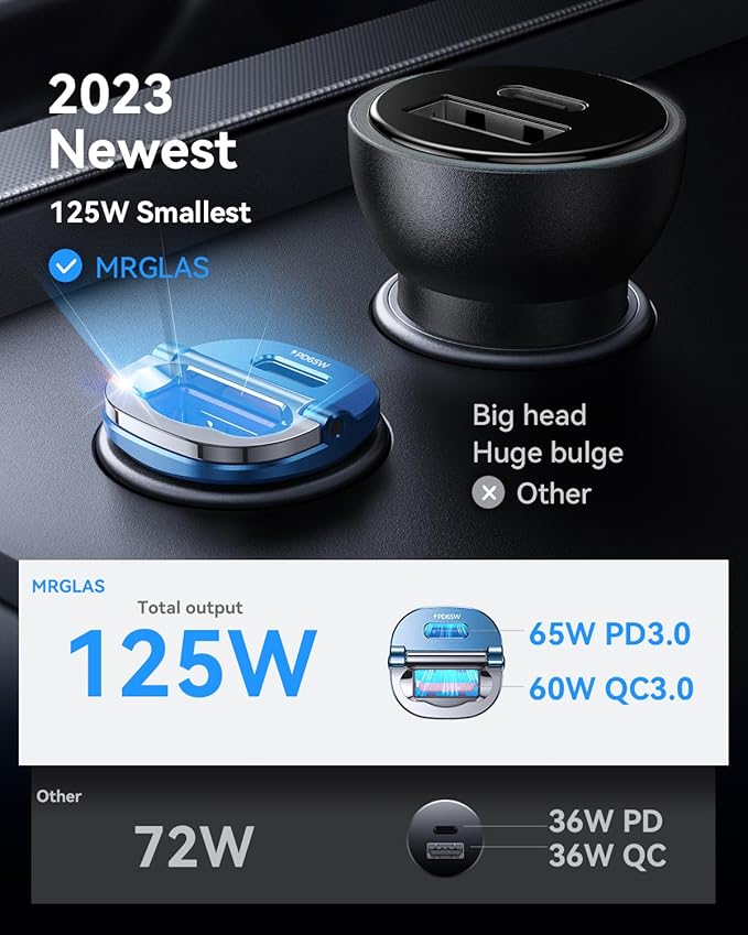 【Upgraded】 125W USB C Car Charger Super Fast Charging for iPhone 16, [PD65W & QC60W][All Metal] MRGLAS Cigarette Lighter Car Charger,Dual Port for iPhone 16 15 Pro iPad Samsung S25 S24 MacBook-Blue