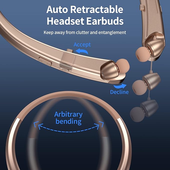 Bluetooth Retractable Headphones Wireless Neckband Headset with Sweatproof Stereo Earbuds for Running/Sports/Driving/Workouts (Rose Gold)