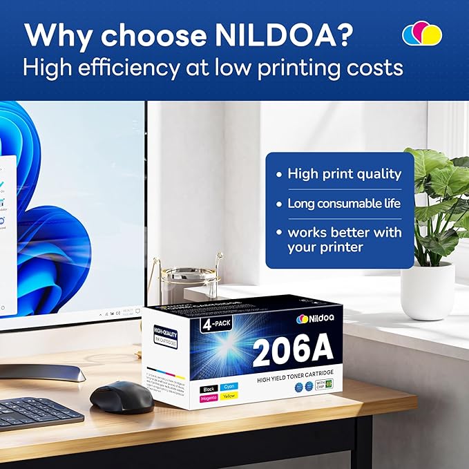 206A Toner Cartridges 4 Pack with Chip Replacement for HP 206A Black Cyan Yellow Magenta Color Pro M255dw M255nw; MFP M282nw M283cdw M283fdn M283fdw Ink Cartridges