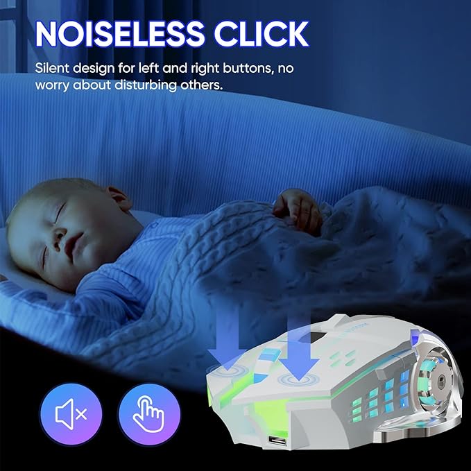 Wireless Gaming Mouse Bluetooth Mouse RGB Rechargeable 2.4G USB Cordless Computer Mice with 7 Color Backlit, 6 Buttons & Silent Click for Laptop, iPad, Mac OS, PC, Windows -White