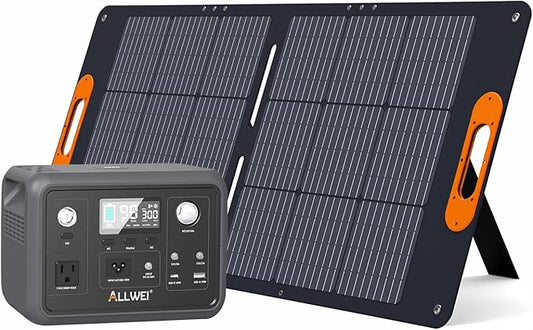 ALLWEI 300W/256Wh LiFePO4 Solar Generator with 100W Solar Panel Included, Portable Power Station with AC Outlet USB Port, Solar Powered Battery Generator for Outdoor Camping, Home Backup, Power Outage