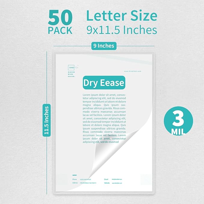 Binditek 50 Pack 3.2 Mil Dry Erase Thermal Laminating Pouches, Dry Erase Compatible, for Letter Size, Heat Seal, Clear Professional Finish, School Office Supplies