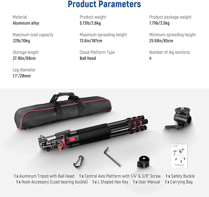 NEEWER 73.6" Horizontal Tripod with Multi Angle Center Column, Ball Head & Central Axis Platform, Heavy Duty Aluminum Camera Tripod Monopod 360° Pan 180° Tilt for Overhead/Macro Shots, Max Load 22lb