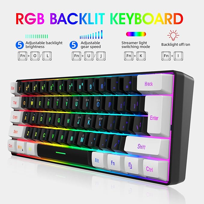 Snpurdiri 60% Wired Gaming Keyboard, Small RGB Backlit Membrane Gaming Keyboard, Ultra-Compact Mini Waterproof Keyboard for PC Computer Gamer White and Black