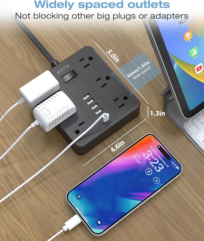 15FT Surge Protector Power Strip,12 AC Outlets with 6 USB Ports (2 USB-C), Flat Plug Extension Cord with Multiple Outlets, Wall Mount for Home Office,Dorm, Black