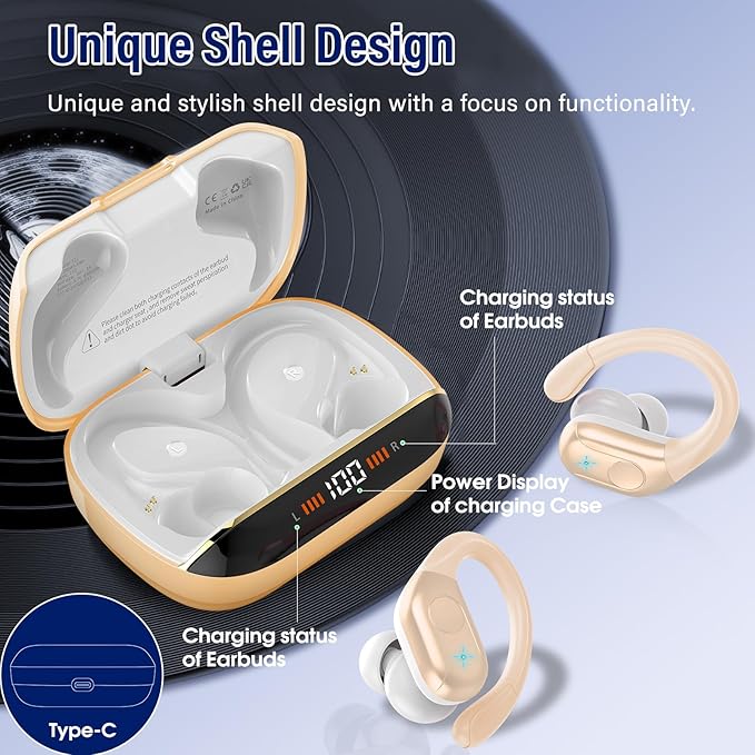 Wireless Earbuds Bluetooth 5.4 Headphones 75H Stereo Deep Bass Sports Over Ear Buds with Earhooks, LED Display Bluetooth Earbuds with 4 ENC Mic, IP7 Waterproof Earphone for Running, Khaki