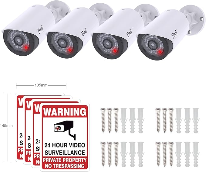 BNT Dummy Fake Security Camera, with One Red LED Light at Night, for Home and Businesses Security Indoor/Outdoor (4 Pack, White)