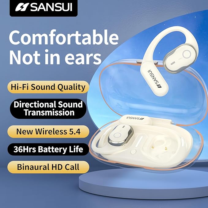 SANSUI W26 Open Ear Headphones,Bluetooth Headphones 5.4 with Ergonomic Earhook,Wireless Earbuds with 48 Hours of Playtime,Lightweight Sports Headphones for Business and Travel,White