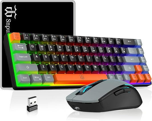 Snpurdiri 60% Wireless Gaming Keyboard and Mouse Combo,Rainbow Backlit Rechargeable 2000mAh Battery,Mini Mechanical Feel Keyboard + Popular RGB Mice for Gaming,Business Office(Gray-Black-Orange)