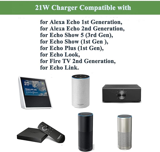 21W Charger Power Cord, Compatbile with Alexa Echo 1st 2nd Generation, Echo Show 5 3rd Gen, Echo Show 1st Gen, Echo Plus 1st Gen, Echo Look, Echo Link, 15V 1.4A AC Power Adapter.