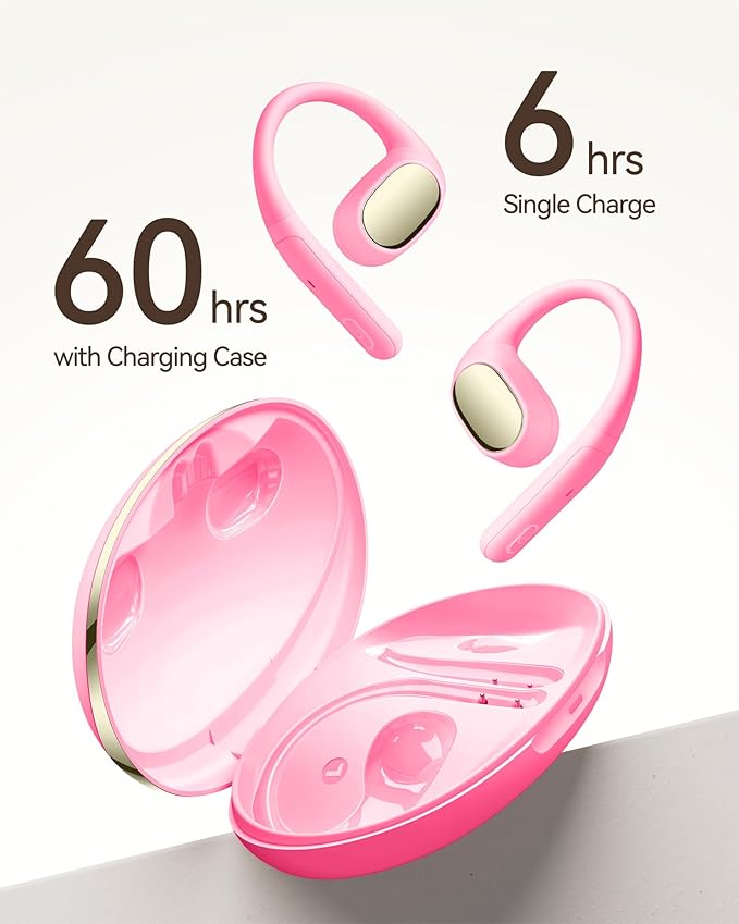 PocBuds Open Ear Headphones 60Hrs Playtime Open Ear Earbuds with Lightweight Earhooks 5.4 Bluetooth Wireless Headphonese IPX7 Waterproof Sport Earbuds Fit Running,Workout Pink