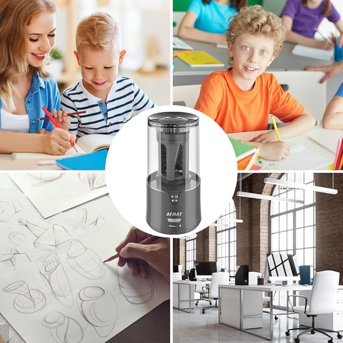 AFMAT PS91 Electric Pencil Sharpener, Heavy Duty Pencil Sharpeners for 6-12mm No.2/Colored Pencils, Auto Stop, Super Sharp & Fast, Electric Pencil Sharpener Plug in for Office, Home - Gray