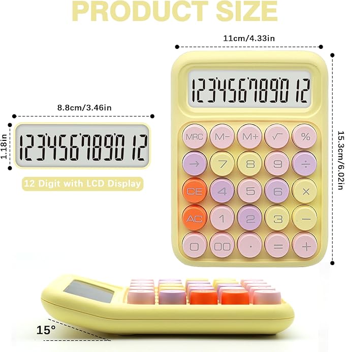 Standard Calculator - Colorful Yellow with 12 Digit Display and Big Buttons, Cute Office and School Accessory