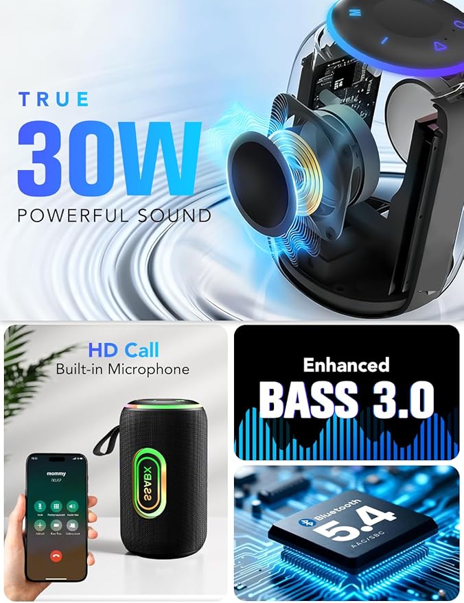 Portable Bluetooth Speaker, Bluetooth 5.4 Speaker, 30W Dual Speaker, 2.0 Channel, Deep Bass, 30H Playtime, Colorful RGB Lights, IPX7 Waterproof, TWS pairing for Outdoor/Home/Party/Travel, Gift Ideas