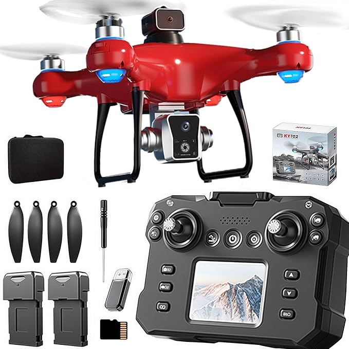 KY102 Drone with Screen Controller with SD card, Brushless Motor, Optical Flow Localization, Active Obstacle Avoidance, 2 batteries, One Key Take Off/Landing. (2 batteries - Red)
