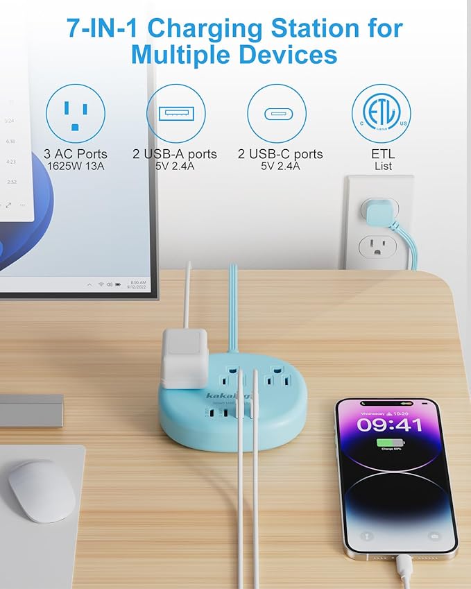Blue Extension Cord with Surge Protected 1080J - 5 FT Flat Extension Cord, 1625W Cute Extension Cord with 3 AC Outlet 4 USB (24W/4.8A), Compact for Cute Blue Kawaii Desk Accessories