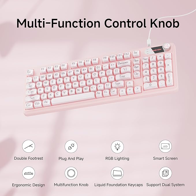 V102 Wired Keyboard, 98 Keys Creamy Gaming Keyboard with Number Pad, Display Screen & Media Knob RGB Silent Wired Cute Computer Keyboard for Laptop PC Gamer - Green