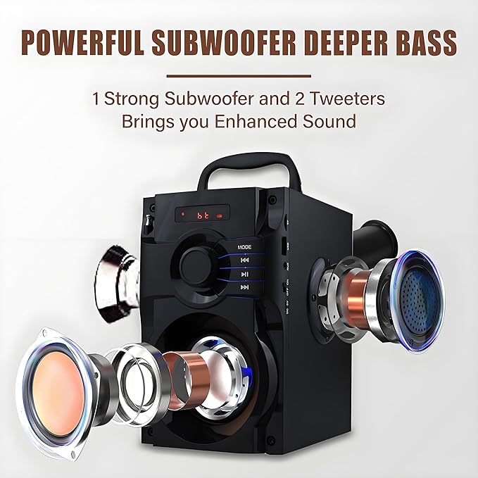 Bluetooth Speaker, Portable Wireless Speaker with Subwoofer Heavy Bass, FM Radio with LED, Remote Control, Phone Holder, MP3 Player for Party, Christmas, Indoor Outdoor, Mobile PC