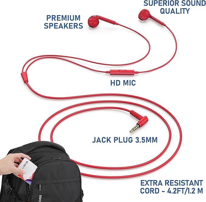 LUDOS Zenith Wired Earbuds in-Ear Headphones, 2 Years Warranty, Earphones with Microphone, Corded for 3.5mm Jack Ear Buds for iPhone, Samsung, Computer, Laptop, Kids, School Students, Woman - Red
