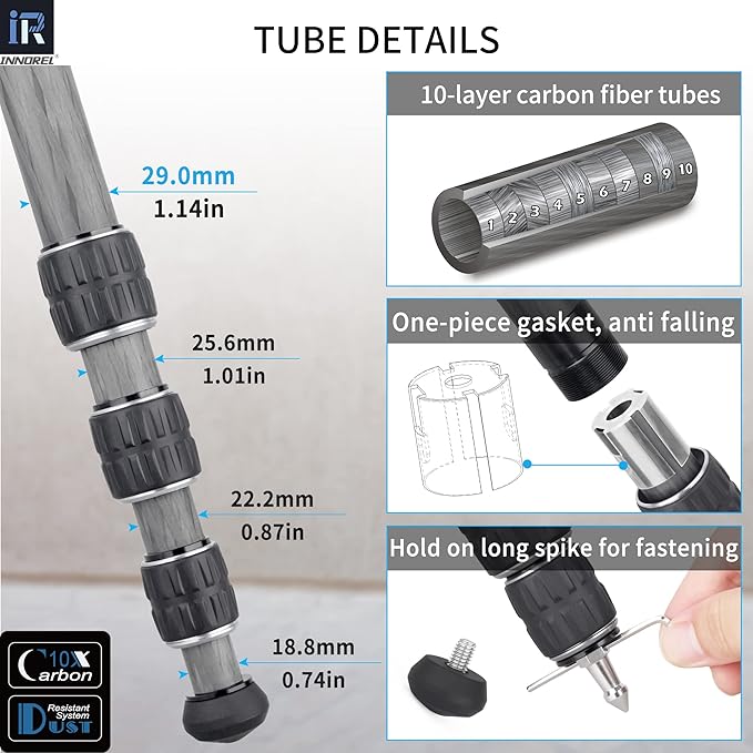 Carbon Fiber Tripod-INNOREL KT284C Super Professional Portable Travel Tripod for DSLR Camera Heavy Duty Compact Stand Support 1.1in/29mm Tube Max Load 44lbs/20kg with Short Center Column Only Tripod