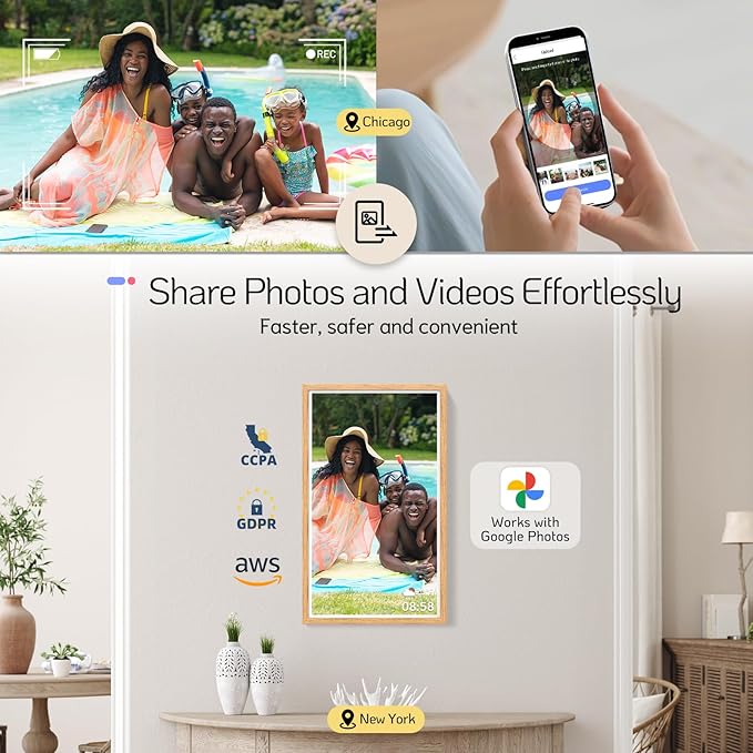 NexFoto Touchscreen Large Digital Picture Frame 32 Inch, FHD 1920 * 1080 WiFi Digital Photo Frame 64GB, Add Photos from Google Photos, Upload Videos Instantly, Wall Mountable, for Housewarming, Wood