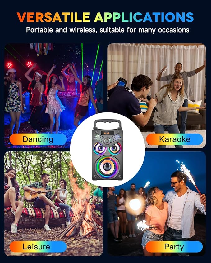 SUPINIU Bluetooth Speaker, 15W Wireless Portable Speaker with LED Owl Lights, Stereo Sound, FM Radio, EQ, TF, Party Speakers with Wireless Microphone for Home,Camping, Beach,Garage