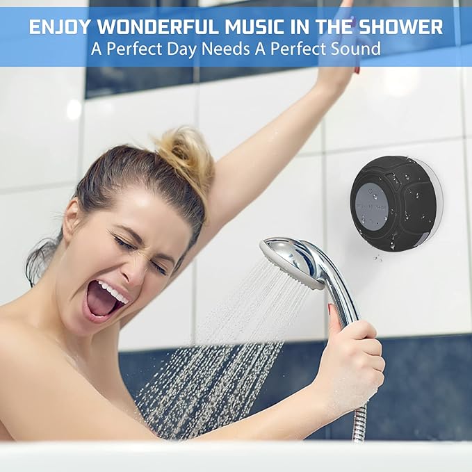 Waterproof Bluetooth Shower Speaker Portable Wireless Water-Resistant Speaker Suction Cup,Built-in Mic Gifts for Kids Speakerphone for iPhone Phone Tablet Bathroom Kitchen - Black