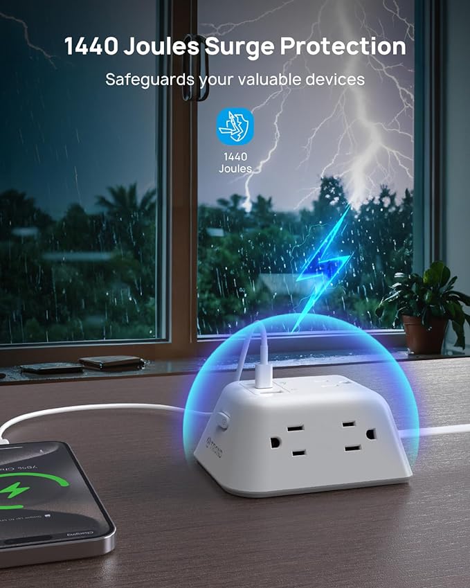 TROND 15ft Long Extension Cord, Ultra Thin Flat Plug Power Strip, 5 Widely-Spaced AC Outlets and 3 USB Ports, 1440J Surge Protector, 3-Sided Wall Mount for Home Office Dorm Room, White